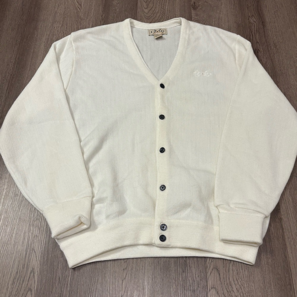 Vtg Izod Cardigan Sweater Men’s Large Off White Cream Button Front Knit Logo